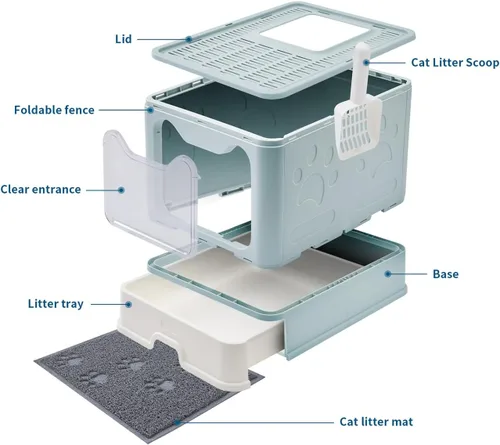 Miniatura 7 de Medario - Caja de arena para gatos con alfombrilla de arena y cuchara, plegable grande con tapa, de entrada frontal para gatos con salida superior