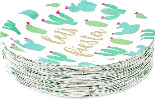 Miniatura 4 de Sparkle and Bash Fiesta - Platos de postre – Paquete de 48 unidades, 9 pulgadas, patrón de cactus multicolor – Platos de cactus de papel desechables