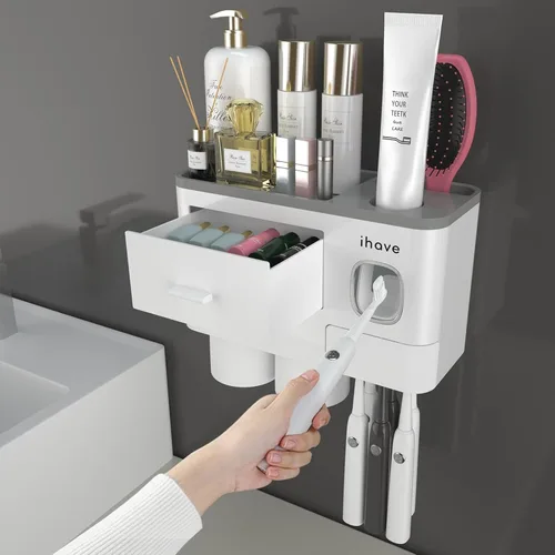 Miniatura 5 de iHave Portacepillos de dientes para baños, 3 tazas, soporte para cepillos de dientes montado en la pared con dispensador de pasta de dientes, Negro