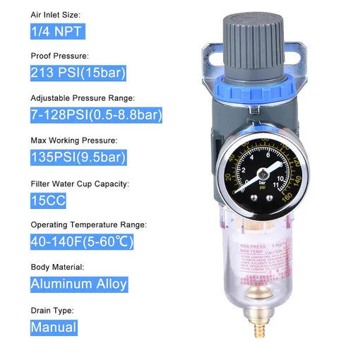 Miniatura 3 de Regulador de presión del filtro de aire NPT de 1/4", filtro compresor de herramienta de aire trampa de agua con medidor por ZHONG AN