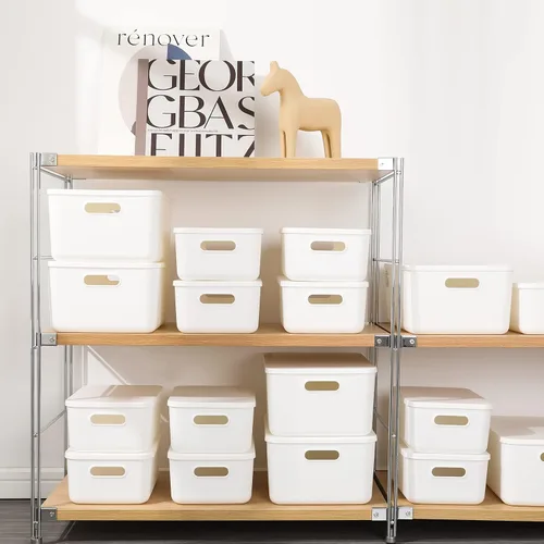 Miniatura 4 de Yishyfier Cestas de Almacenamiento de Plástico con Tapa Contenedor Organizador Cestas Organizadoras de Almacenamiento Tejidas Blancas con Tapa