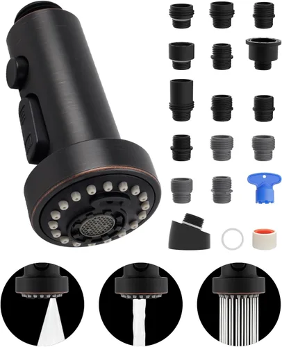 Miniatura 13 de Hibbent Reemplazo de cabezal de grifo de cocina extraíble, boquilla de cabezal rociador de grifo de fregadero de 3 funciones con 15 adaptadores