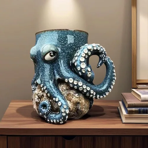 Miniatura 3 de Taza de pulpo de criatura oceánica para decoración del hogar, soporte para bolígrafo de pulpo 3D, único y novedoso con mango de tentáculo, bigote