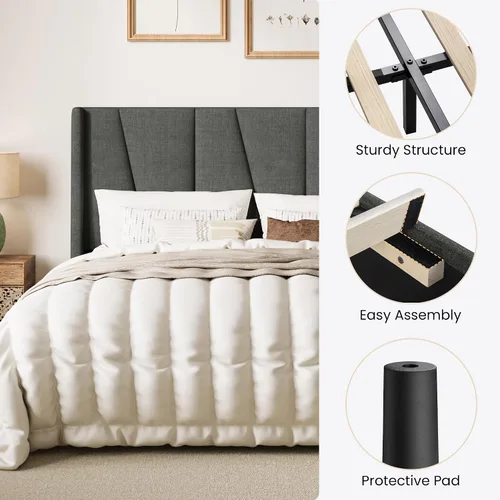 Miniatura 7 de SHA CERLIN Base de cama tamaño Queen con cabecera geométrica con respaldo de ala, plataforma tapizada con soporte de listones de madera, espacio Gris