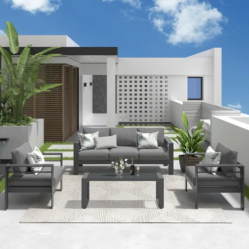 Miniatura 7 de Solaste Juego de muebles de aluminio para patio, 5 piezas, moderno juego de conversación al aire libre, sofá seccional con cojín mejorado y mesa