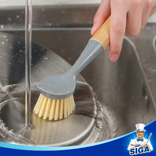Miniatura 4 de MR.SIGA Cepillo para platos con mango de bambú, raspador incorporado, cepillo para fregar sartenes, ollas, limpieza del fregadero de cocina, paquete