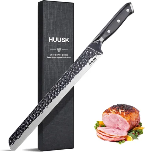 Miniatura 8 de Huusk Cuchillo de carnicero para cortar carne, cuchillos curvados de 10 pulgadas con mango de madera, cuchillos japoneses para rebanar pechuga