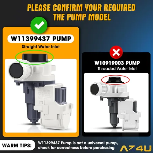Miniatura 2 de AZ4U Actualización WTW5057LW0 WTW5010LW0 WTW5000DW3 WTW5105HW2 WTW5100HW1 Bomba de drenaje para lavadora Whirlpool, W11399437 W11259498 B25-3A04