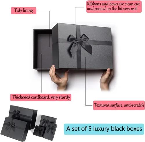 Miniatura 5 de Cajas de regalo con tapas para regalos, juego de 5 cajas de regalo negras, cajas anidables predeformadas para regalos, caja de regalo de lujo