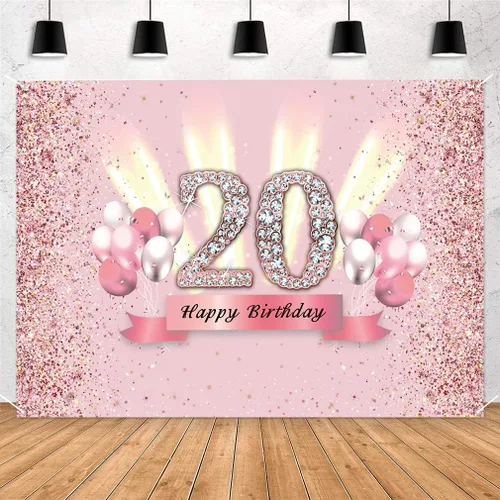 Decoraciones de 20 cumpleaños para mujeres, póster de tela para fiesta de aniversario de 20 años, fondo de foto rosa, suministros de fiesta de