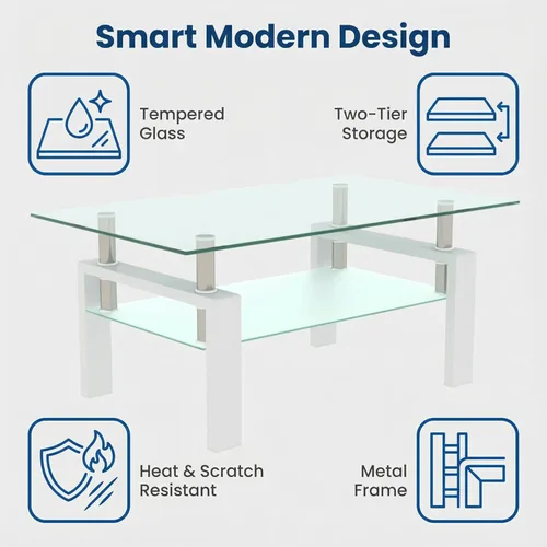 Miniatura 7 de Mesa de café de cristal para sala de estar, mesa de café moderna con tapa de vidrio templado transparente y patas de metal blanco, mesa de té