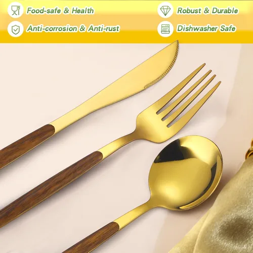 Miniatura 3 de Juego de cubiertos dorados de 20 piezas con tenedor para pastel, juego de cubiertos de acero inoxidable para 4, utensilios de cocina con mango