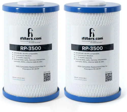 iFilters Filtro de agua de carbono RP-3500, paquete de 2 unidades | Bloque de cáscara de coco de 0.5 micrones | Cartucho de repuesto de filtro de