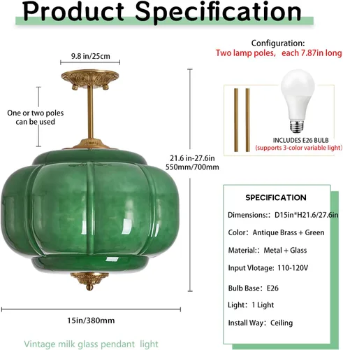Miniatura 6 de Lámpara de techo de cristal de leche verde, lámpara colgante de calabaza vintage de 15 pulgadas con accesorio de latón antiguo, lámpara colgante