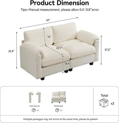 Miniatura 2 de Sofá biplaza modular de 61 pulgadas, asiento extra profundo para sala de estar, sofá de pana profundo con almohadas para reposabrazos, cosido