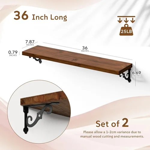 Miniatura 3 de Estantes flotantes de madera maciza para pared con soportes de metal, estante de pared de madera de pino de 2 niveles de 36 pulgadas, adecuado