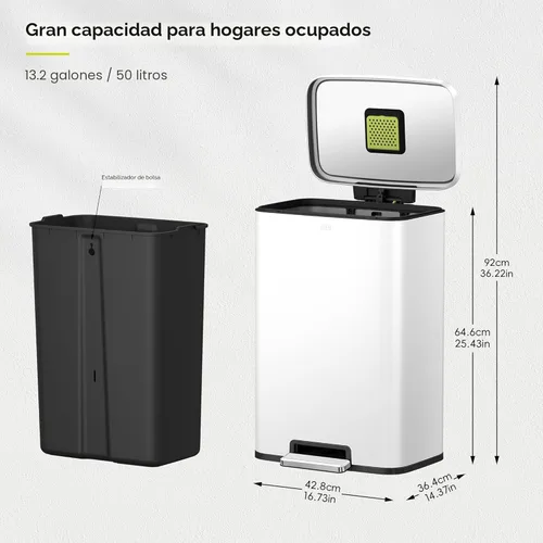 Miniatura 2 de Cubo de basura EKO Madison de 50 litros/13.2 galones con revestimiento interior, color blanco mate - Acabado resistente a las huellas dactilares
