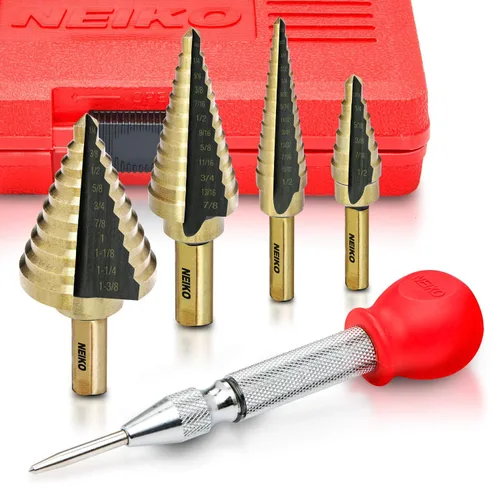 Miniatura 42 de NEIKO 10602A Step Drill Bit, 13 Steps 1/8" to 1/2" Spiral High Speed Steel, Titanium Nitride Coated, 1/4" Quick Change Step Bits for Steel, Metal