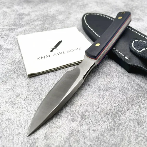 Miniatura 8 de EDC Cuchillo de hoja fija, hoja de acero 7Cr13Mov de espiga completa, mango G10, funda de cuero, para caza, supervivencia al aire libre, campamento