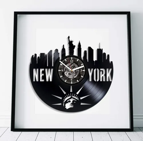 Reloj de pared de arte de la ciudad de Nueva York, arte moderno de la ciudad, regalo hecho a mano, Lp retro, disco de vinilo, reloj de pared grande