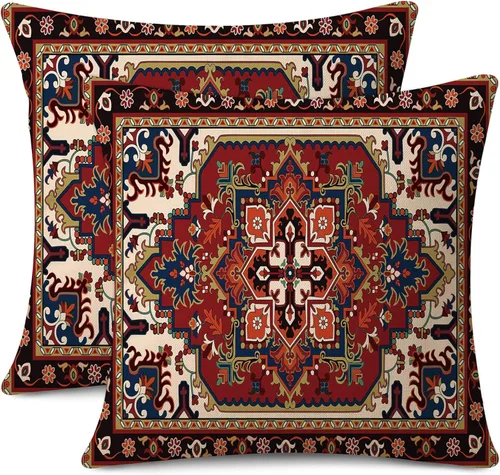 Miniatura 13 de Juego de 2 fundas de almohada impermeables para exteriores de 16 x 16 pulgadas, patrón de alfombra bohemio vintage, diseño étnico negro y gris