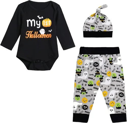Miniatura 5 de PROMOTED TO BIG SISTER My First Halloween Baby Boy Outfit Set Pumpkin Romper Ghost Print Pants with Hat