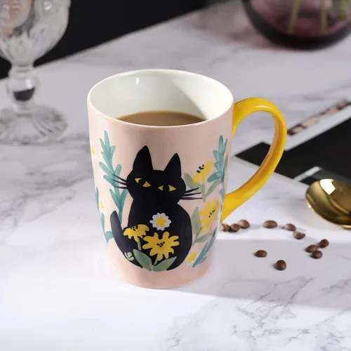 Miniatura 3 de NymphFable Taza de café de cerámica grande con mango 100% pintado a mano regalo de Navidad 20.3 fl oz/20oz Gato lindo rosa