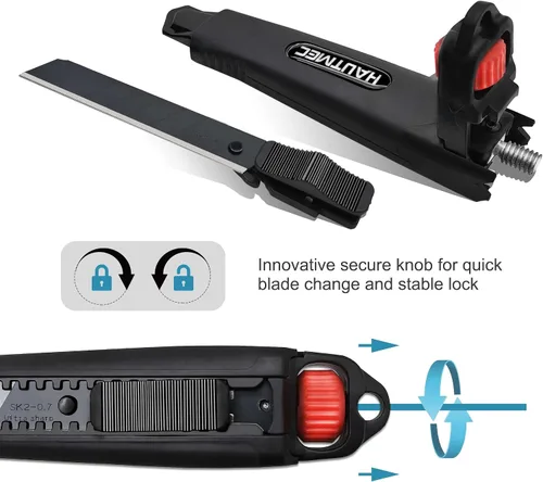 Miniatura 5 de HAUTMEC Cuchillo utilitario resistente de 0.709 in, cortador de caja con mecanismo de bloqueo doble, bloqueo automático y bloqueo de trinquete, hoja