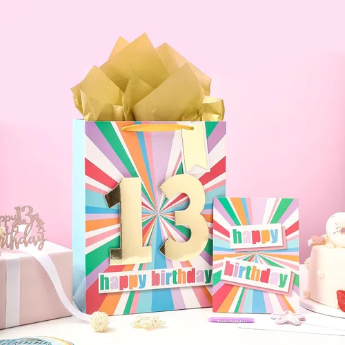 Miniatura 4 de WRAPAHOLIC Bolsa de regalo de cumpleaños grande de 13 pulgadas con tarjeta y papel de seda - 13 cumpleaños
