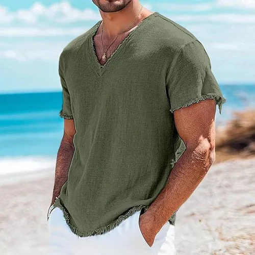 Miniatura 5 de Mens Cotton Linen Short Sleeve Shirts Retro Frayed Casual V-Neck Beach Hippie Tshirts Lightweight Summer Resort Tops