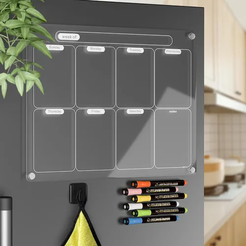 Miniatura 10 de Calendario magnético acrílico de borrado en seco para nevera, planificador mensual transparente de pizarra blanca borrable de 16 x 12 pulgadas