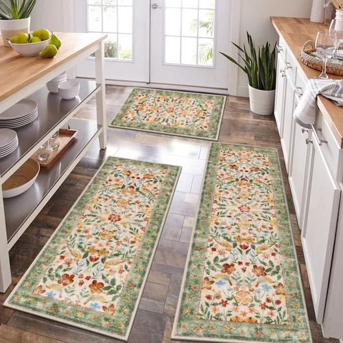 Miniatura 39 de HEBE - Juego de alfombras de cocina bohemias de 3 piezas con corredor, alfombras de cocina antideslizantes y tapetes lavables para piso de cocina
