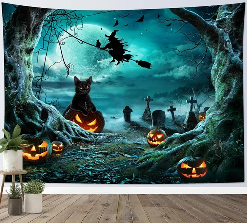Miniatura 10 de LB Tapiz espeluznante de cementerio de Halloween, lápida aterradora con árboles muertos, tapiz de bosque para colgar en la pared, tapiz de fondo