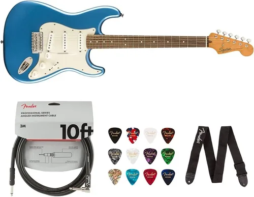 Squier Classic Vibe Stratocaster guitarra eléctrica de los años 60, azul Lake Placid Blue, paquete de diapasón de laurel con cable de 10 pies,