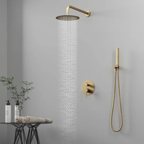 Miniatura 3 de BESy Sistema de ducha con cabezal de ducha de lluvia redondo de 10 pulgadas y montaje en pared de mano, juego combinado de grifo de ducha de lluvia