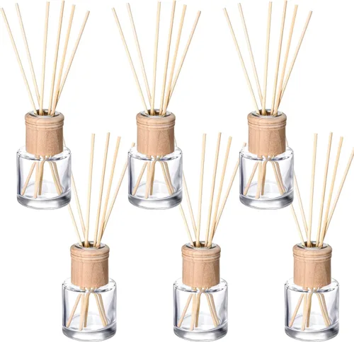 Miniatura 8 de Roshtia Juego de 2 botellas difusoras de varillas vacías recargables con fragancias de vidrio con tapas de madera, varillas de 1.7 onzas, tarros