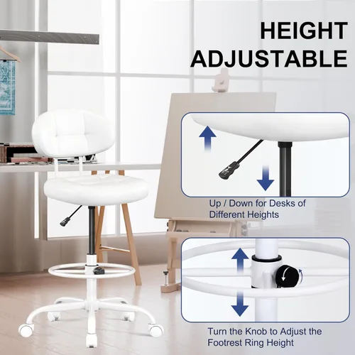 Miniatura 6 de Silla de Dibujo Misolant, Silla de Oficina Alta Sin Brazos con Anillo de Reposapiés para Escritorio de Pie, Silla Ejecutiva Pequeña de Cuero Blanco