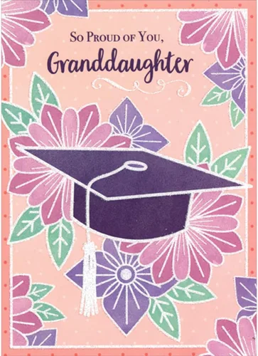 Designer Greetings Gorra de graduación morada y flores rosas, verdes y moradas con contornos de purpurina blanca, tarjeta de felicitación de