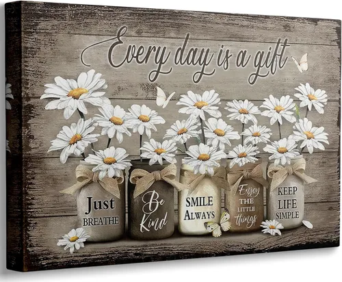 Miniatura 11 de Arte de pared de lienzo para baño estilo granja, vintage, rústico, país, flor, mariposa azul, pintura, imagen, decoración de pared, Cada día es un