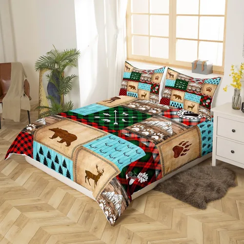 Miniatura 2 de Manfei Juego de funda de edredón para niños con diseño de oso de ciervo, tamaño individual, diseño de piña, oso y cornamenta, con 1 funda