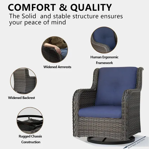 Miniatura 7 de Juego de 2 sillas de patio giratorias de 360 grados para exteriores y mesa auxiliar a juego – 3 sillas deslizantes de mimbre para patio con cojines