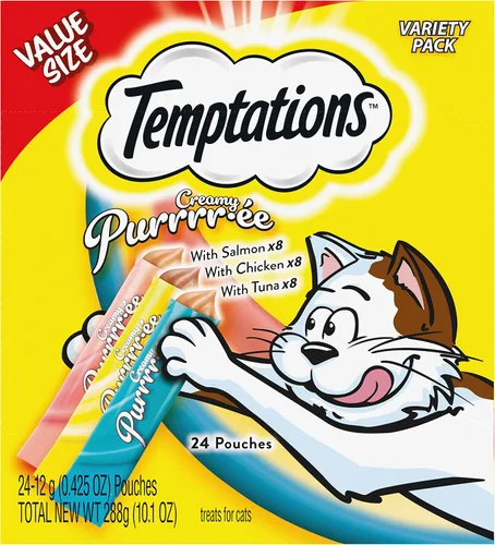 Miniatura 11 de Temptations Creamy Puree - Golosinas húmedas exprimibles para lamer para gatos con salmón, tubos de 0.42 onzas, 16