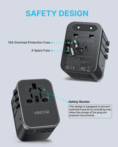 Miniatura 5 de VINTAR - Adaptador de viaje universal, adaptador de corriente internacional con 6A, 3 USB C y 2 puertos USB, adaptador de enchufe esencial de viaje
