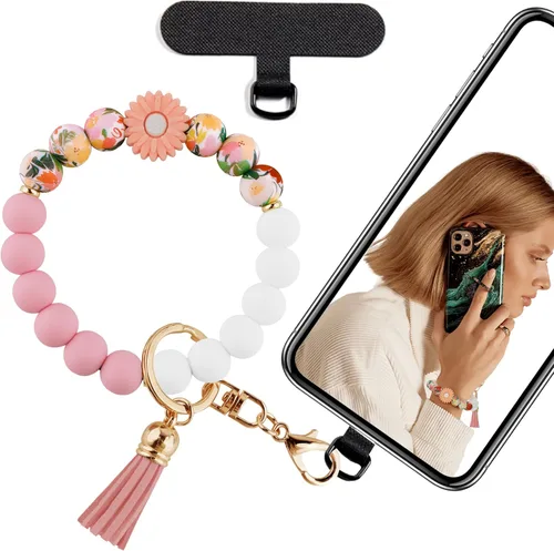 Miniatura 15 de Correa de muñeca de teléfono con cuentas de silicona, pulsera para teléfono con lengüeta de sujeción, pulsera manos libres para iPhone (negro)