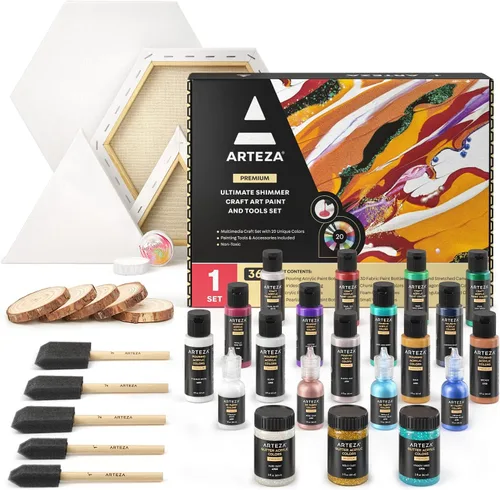 Arteza Kit de pintura acrílica para verter, 36 piezas, pintura brillante e iridiscente, pintura perlada, pintura de tela 3D, purpurina gruesa,