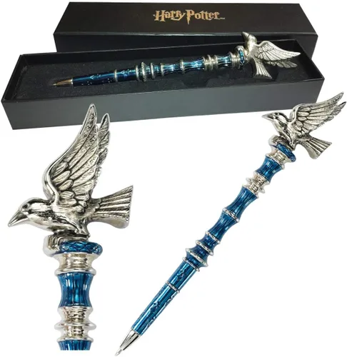 The Noble Collection Harry Potter Ravenclaw - Bolígrafo chapado en plata, 8 pulgadas (8.3 in) rematado con la mascota Raven House de Ravenclaw, con