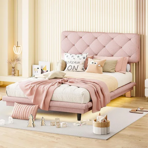 Miniatura 26 de Cama de plataforma flotante, marco de cama de madera tamaño individual con rayas claras, tela de lino suave y cabecera de diseño capitoné