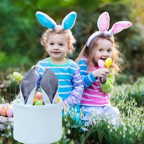 Miniatura 2 de Cesta de Pascua de sirsaca para niños con lindas orejas de conejo a rayas, regalos de almacenamiento de caramelos, regalos personalizados