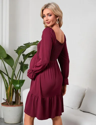 Miniatura 6 de KOJOOIN Vestido de verano de manga corta con cuello cuadrado para mujer, estilo bohemio, fruncido, con volantes, casual, vestido midi para baby