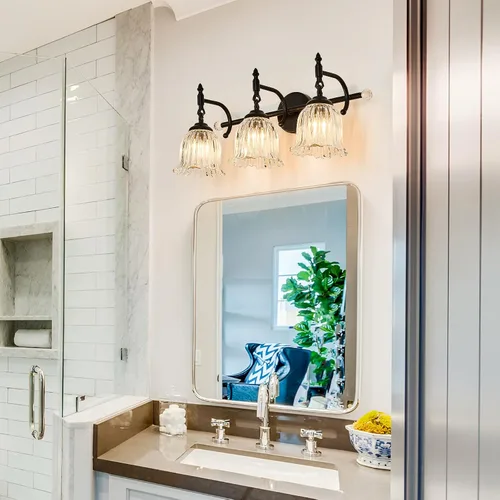 Miniatura 9 de CVKASH Accesorios de Lámpara de Tocador de Baño de 3 Luces Sobre Espejo, Lámpara de Tocador Moderna Negra con Pantalla de Vidrio, Aplique de Pared